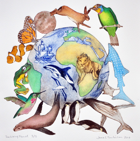 Living Planet, a beautiful artwork by Jane Tomlinson showing Mother Earth surrounded by animals.